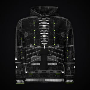 May include: A black hooded sweatshirt featuring a white and neon green technical blueprint pattern. The design includes geometric lines, circuit-like markings, and a central spine-like graphic running down the front, with a striped hem.