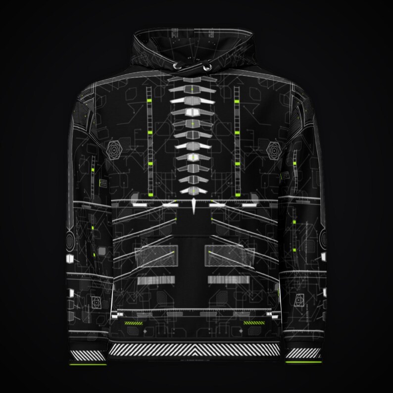 May include: A black hooded sweatshirt featuring a white and neon green technical blueprint pattern. The design includes geometric lines, circuit-like markings, and a central spine-like graphic running down the front, with a striped hem.