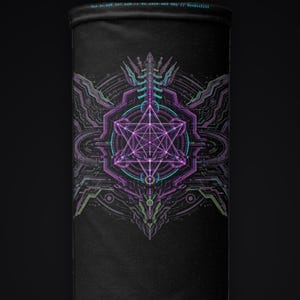 May include: A black tubular neck gaiter featuring a central purple and teal geometric star design surrounded by intricate circuit-like patterns. The top edge displays faint text reading VLA 36.088 107.928 77 HI 1420.405 MHZ // 8X40415253.