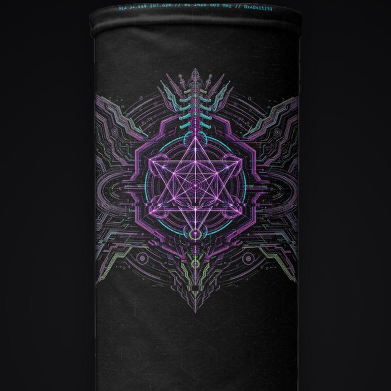 May include: A black tubular neck gaiter featuring a central purple and teal geometric star design surrounded by intricate circuit-like patterns. The top edge displays faint text reading VLA 36.088 107.928 77 HI 1420.405 MHZ // 8X40415253.