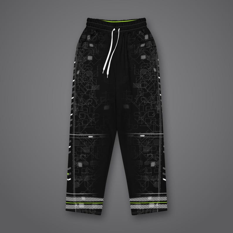 May include: Black sweatpants featuring a white geometric circuit-board pattern, a neon green inner waistband, and white drawstring cords. The sides and cuffs are accented with white diagonal striped lines and neon green horizontal trim.