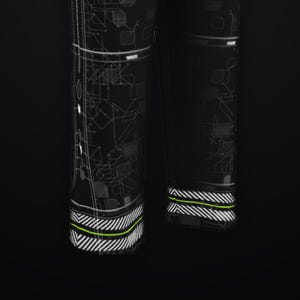 May include: Black pants featuring a white geometric circuit board pattern across the fabric. The hem of each pant leg includes a white and black diagonal striped border accented by a thin, horizontal neon green line.