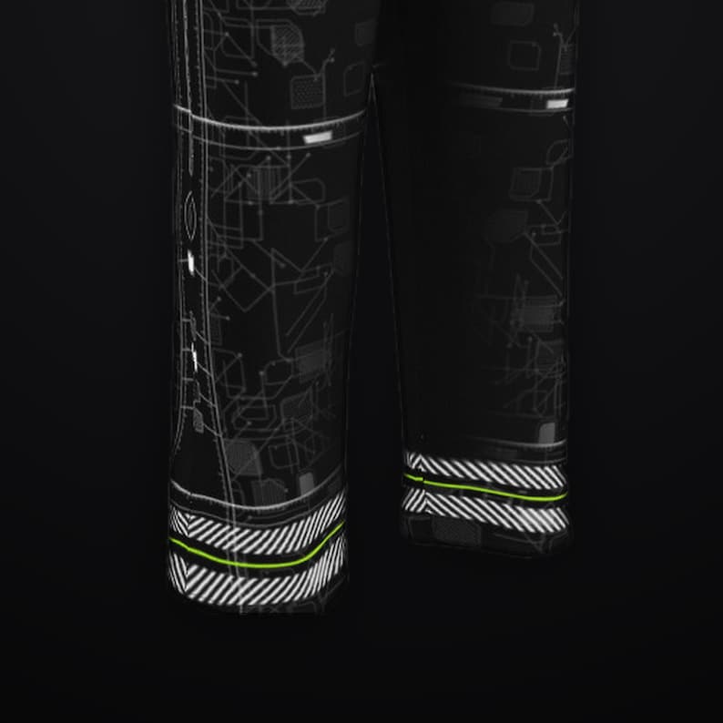 May include: Black pants featuring a white geometric circuit board pattern across the fabric. The hem of each pant leg includes a white and black diagonal striped border accented by a thin, horizontal neon green line.