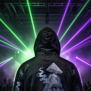 May include: A black hooded sweatshirt featuring a graphic print of an eye within a pyramid, a small alien figure, and abstract line patterns. The garment is shown from the back against a backdrop of bright green and purple laser light beams.