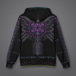 May include: A black hooded sweatshirt featuring a vibrant purple and teal geometric circuit-board pattern on the back and sleeves. The design includes intricate lines, nodes, and a central star-like emblem, with thin horizontal colored accents.