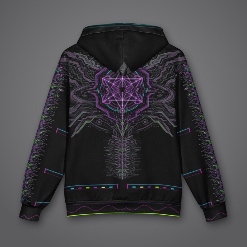 May include: A black hooded sweatshirt featuring a vibrant purple and teal geometric circuit-board pattern on the back and sleeves. The design includes intricate lines, nodes, and a central star-like emblem, with thin horizontal colored accents.