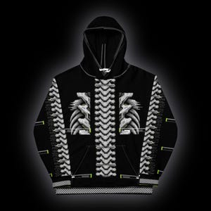 May include: A black hooded sweatshirt featuring a white, mechanical, spine-like graphic running down the center and along the sleeves. The design includes white rib-cage patterns on the chest and small neon green accents on the sleeves.