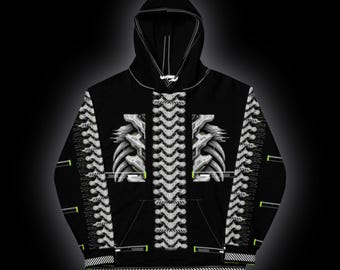 May include: A black hooded sweatshirt featuring a white, mechanical, spine-like graphic running down the center and along the sleeves. The design includes white rib-cage patterns on the chest and small neon green accents on the sleeves.