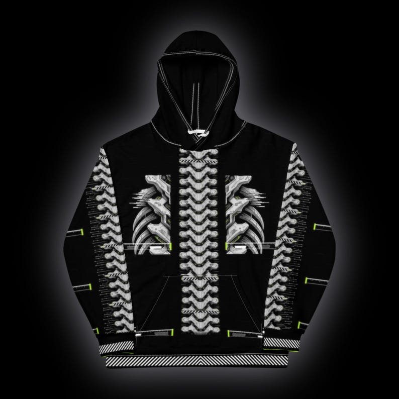 May include: A black hooded sweatshirt featuring a white, mechanical, spine-like graphic running down the center and along the sleeves. The design includes white rib-cage patterns on the chest and small neon green accents on the sleeves.