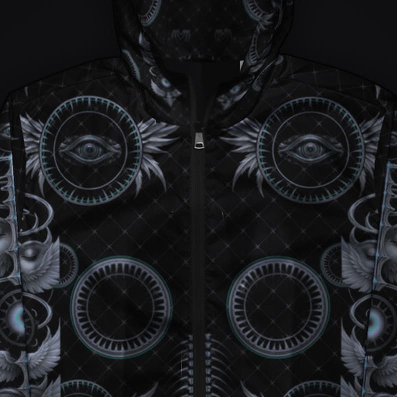 May include: A black zip-up jacket featuring a repeating pattern of winged eyes enclosed in circular frames. The fabric has a subtle diamond grid texture throughout, with a central zipper closure and a hood that continues the graphic design.