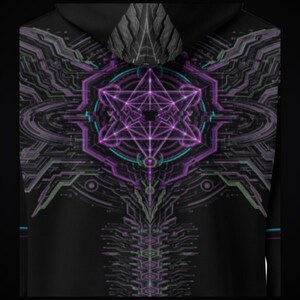 May include: A black hoodie featuring a vibrant purple and teal geometric design on the back. The graphic displays a central star-like pattern surrounded by intricate, circuit-like lines and symmetrical shapes that extend downward.