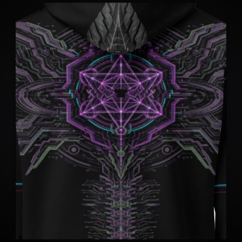 May include: A black hoodie featuring a vibrant purple and teal geometric design on the back. The graphic displays a central star-like pattern surrounded by intricate, circuit-like lines and symmetrical shapes that extend downward.