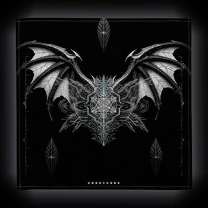 May include: A black square textile featuring a white, intricate graphic of symmetrical bat-like wings centered above a complex geometric star pattern. The design includes three leaf-shaped motifs and thin, technical grid lines along the edges.