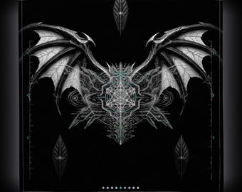 May include: A black square textile featuring a white, intricate graphic of symmetrical bat-like wings centered above a complex geometric star pattern. The design includes three leaf-shaped motifs and thin, technical grid lines along the edges.