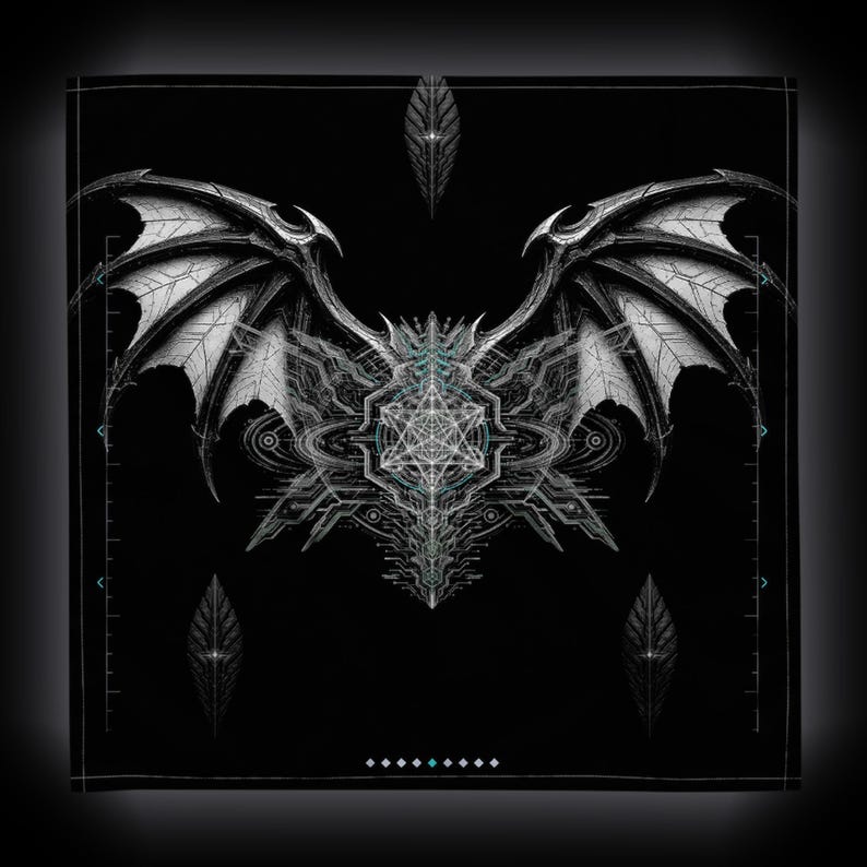May include: A black square textile featuring a white, intricate graphic of symmetrical bat-like wings centered above a complex geometric star pattern. The design includes three leaf-shaped motifs and thin, technical grid lines along the edges.