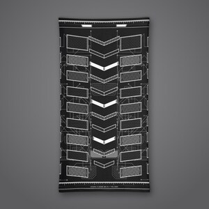 May include: A black neck gaiter featuring a white geometric pattern of chevrons and rectangular grids. The design includes thin lines and technical markings, with the text "JEZERO 77 ASODE DELTA // SOL 0001" printed along the bottom edge.