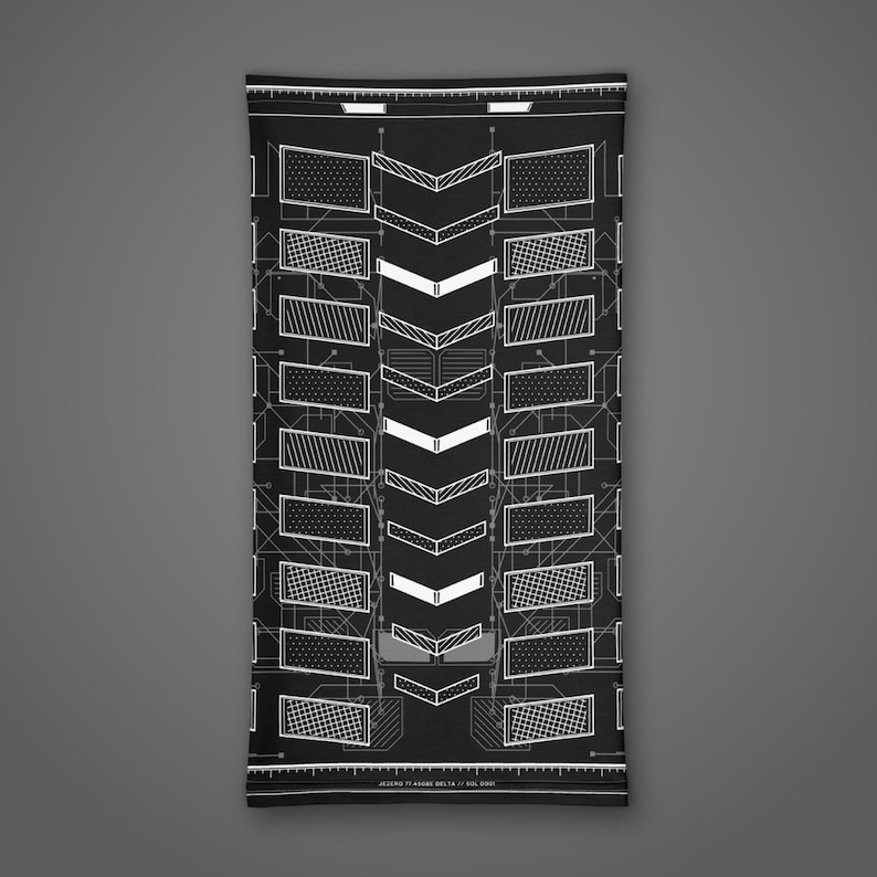 May include: A black neck gaiter featuring a white geometric pattern of chevrons and rectangular grids. The design includes thin lines and technical markings, with the text "JEZERO 77 ASODE DELTA // SOL 0001" printed along the bottom edge.