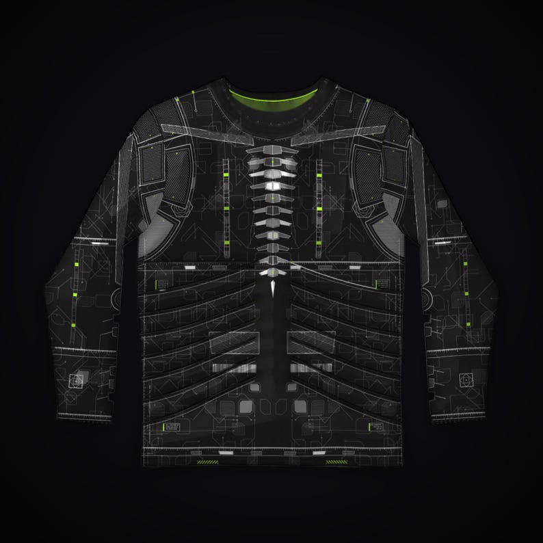 Puede incluir: Una camiseta de manga larga negra con un estampado t&eacute;cnico en blanco y gris. El dise&ntilde;o incluye un gr&aacute;fico central similar a una columna vertebral, patrones de costillas horizontales y sutiles acentos verde ne&oacute;n sobre fondo oscuro.