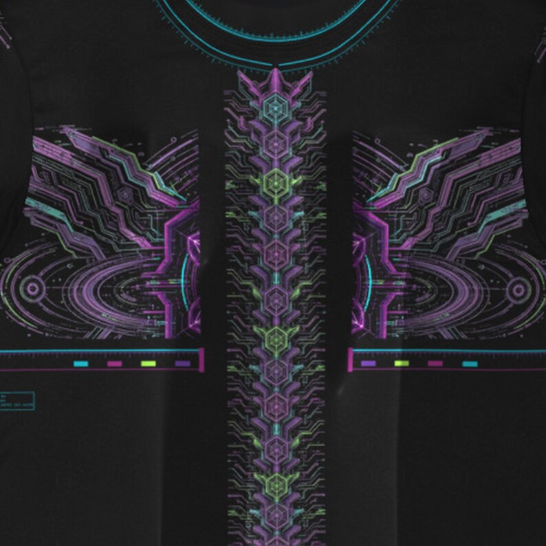 Op de afbeelding: Een zwart t-shirt met een levendige, symmetrische grafische print in tinten paars, talingroen en limoengroen. Het ontwerp bevat ingewikkelde circuitachtige patronen, geometrische zeshoekige vormen en horizontale databalken op de borst.