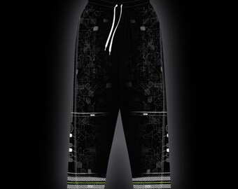 May include: Black sweatpants featuring a white geometric circuit-like pattern, a lime green inner waistband, and white drawstring cords. The lower legs display horizontal white striped detailing with a lime green accent line above the hem.