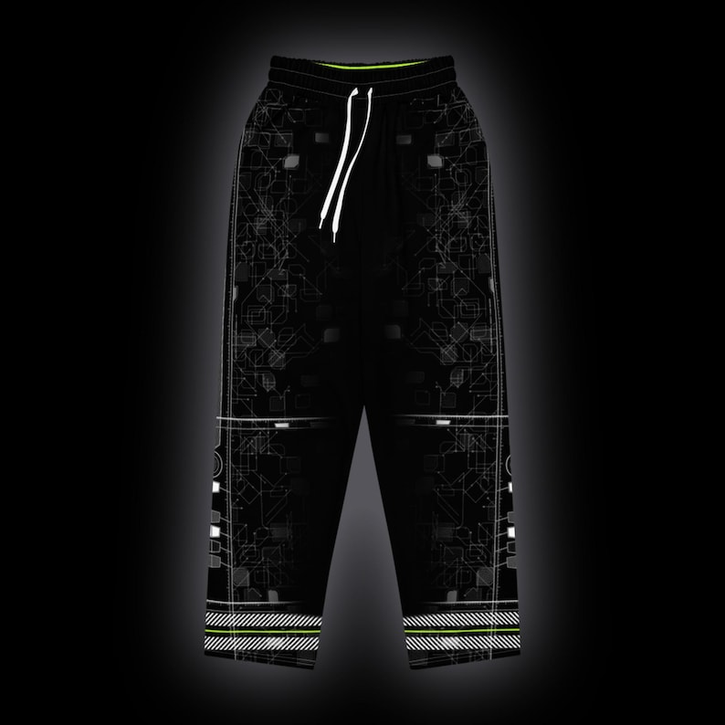 May include: Black sweatpants featuring a white geometric circuit-like pattern, a lime green inner waistband, and white drawstring cords. The lower legs display horizontal white striped detailing with a lime green accent line above the hem.