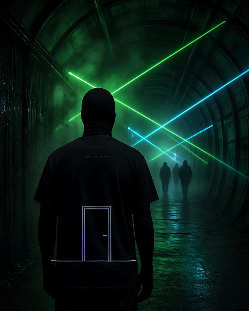 K&ouml;nnte beinhalten: Ein schwarzes Kurzarm-T-Shirt mit einer minimalistischen wei&szlig;en Strichzeichnung einer geschlossenen T&uuml;r auf der R&uuml;ckseite. Das Shirt wird von einer Person mit schwarzer Sturmhaube getragen, die in einem dunklen, von gr&uuml;nen und blauen Lasern beleuchteten Tunnel steht.