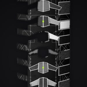 May include: A black vertical graphic design featuring a series of repeating shield-shaped icons arranged in a column. Each icon displays varying patterns of white lines, dots, and solid black fills, with two icons containing a small lime green diamond.
