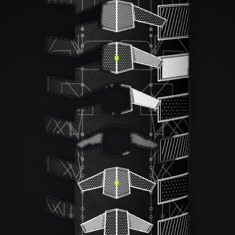 May include: A black vertical graphic design featuring a series of repeating shield-shaped icons arranged in a column. Each icon displays varying patterns of white lines, dots, and solid black fills, with two icons containing a small lime green diamond.