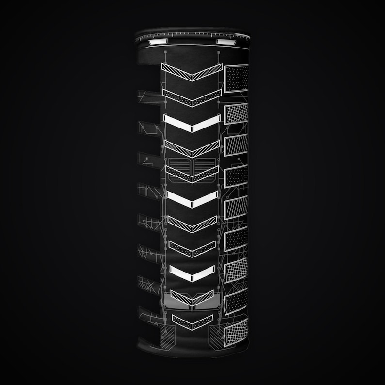 May include: A black tubular neck gaiter featuring a white graphic print of stacked chevron arrows and rectangular panels with various geometric patterns, including dots, cross-hatching, and thin lines, arranged in a technical, schematic layout.