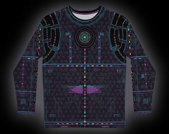 May include: A long-sleeve shirt featuring a dark background with a complex, repeating geometric grid pattern in neon blue, pink, and purple. The chest displays a circular mandala-like design, with vertical lines and horizontal bars.