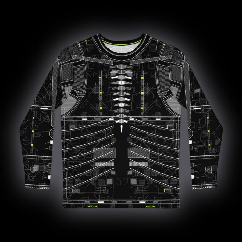 Puede incluir: Una camiseta de manga larga con base negra y un patr&oacute;n t&eacute;cnico de placa de circuito en blanco y verde ne&oacute;n. El dise&ntilde;o incluye l&iacute;neas geom&eacute;tricas, estructuras de rejilla y paneles segmentados que imitan un esquema o una armadura rob&oacute;tica.