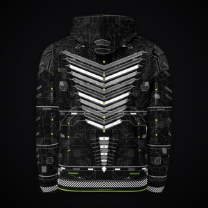 May include: A black hooded sweatshirt featuring a white and grey geometric circuit board pattern across the back. The design includes a central chevron-style graphic, thin lines, and small neon green accents throughout the fabric print.