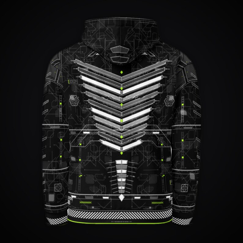 May include: A black hooded sweatshirt featuring a white and grey geometric circuit board pattern across the back. The design includes a central chevron-style graphic, thin lines, and small neon green accents throughout the fabric print.