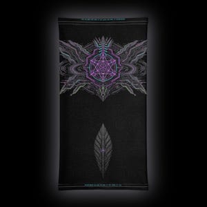 May include: A black neck gaiter featuring a central purple and white geometric star design surrounded by intricate circuit-like patterns. Below this, a grey leaf-shaped emblem is centered. Small cyan text is printed at the top and bottom edges.