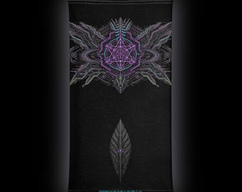 May include: A black neck gaiter featuring a central purple and white geometric star design surrounded by intricate circuit-like patterns. Below this, a grey leaf-shaped emblem is centered. Small cyan text is printed at the top and bottom edges.