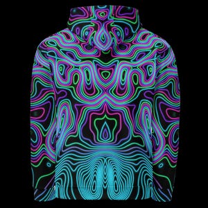 May include: A long-sleeve hooded sweatshirt featuring a black base with a vibrant, repeating topographic line pattern in neon shades of blue, purple, pink, and green. The design covers the entire garment, including the hood and sleeves.
