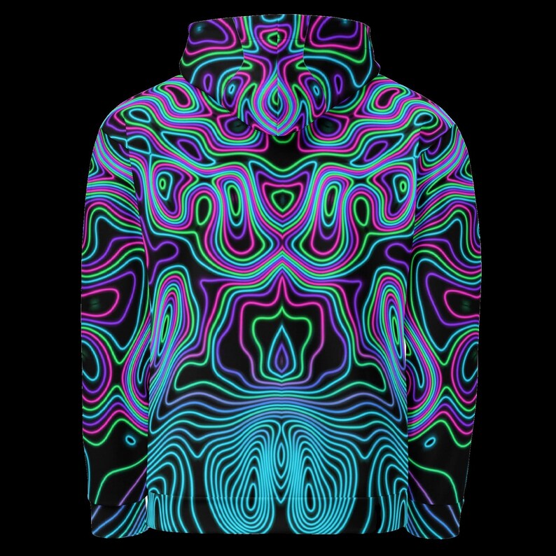 May include: A long-sleeve hooded sweatshirt featuring a black base with a vibrant, repeating topographic line pattern in neon shades of blue, purple, pink, and green. The design covers the entire garment, including the hood and sleeves.