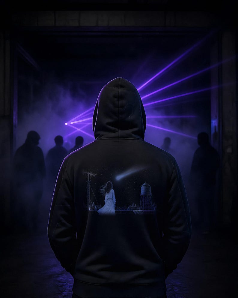 May include: A black hooded sweatshirt featuring a graphic on the back of a person in a white dress standing on a rooftop at night, looking at a shooting star near a water tower and antenna, set against a dark background with purple light beams.