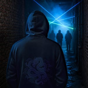 Puede incluir: Una sudadera con capucha de color azul oscuro que presenta un gr&aacute;fico detallado de un drag&oacute;n morado en la espalda. La prenda es usada por una persona de espaldas en un estrecho pasillo de ladrillo iluminado por rayos l&aacute;ser azules y verdes.