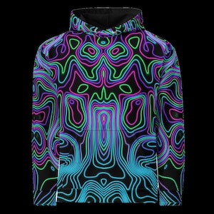 May include: A long-sleeve hooded sweatshirt featuring a black base color with a vibrant, repeating topographic line pattern in neon shades of blue, green, purple, and pink. The garment includes a hood and a front kangaroo pocket.