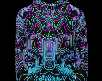 May include: A long-sleeve hooded sweatshirt featuring a black base color with a vibrant, repeating topographic line pattern in neon shades of blue, green, purple, and pink. The garment includes a hood and a front kangaroo pocket.