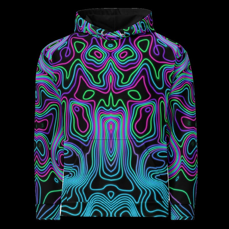 May include: A long-sleeve hooded sweatshirt featuring a black base color with a vibrant, repeating topographic line pattern in neon shades of blue, green, purple, and pink. The garment includes a hood and a front kangaroo pocket.