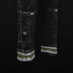May include: Black trousers featuring a white geometric circuit-like pattern across the fabric. The cuffs are detailed with a white and black diagonal striped border and a thin, horizontal neon green line accenting the lower hem area.