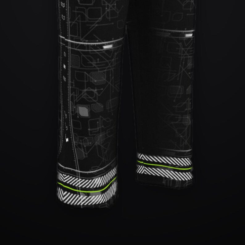 May include: Black trousers featuring a white geometric circuit-like pattern across the fabric. The cuffs are detailed with a white and black diagonal striped border and a thin, horizontal neon green line accenting the lower hem area.
