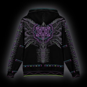 May include: A black hooded sweatshirt featuring a vibrant purple and teal geometric circuit board pattern on the back and sleeves. The design includes intricate lines, a central star-like emblem, and horizontal neon accents along the hem.