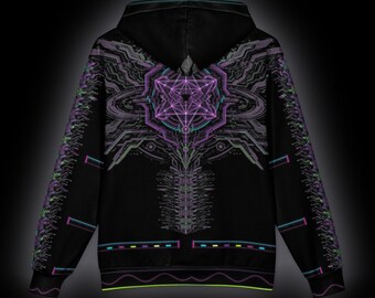 May include: A black hooded sweatshirt featuring a vibrant purple and teal geometric circuit board pattern on the back and sleeves. The design includes intricate lines, a central star-like emblem, and horizontal neon accents along the hem.