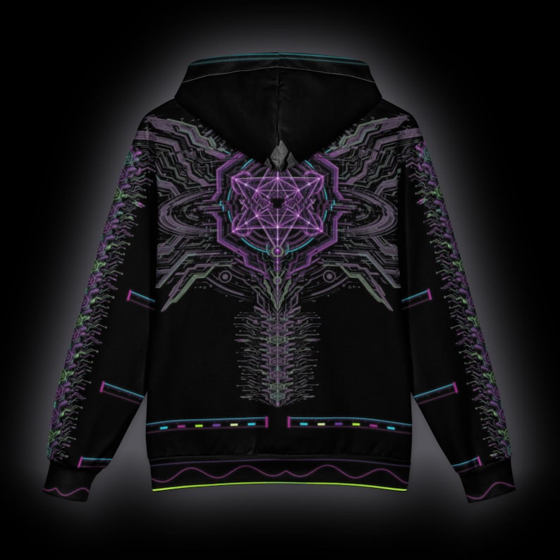 May include: A black hooded sweatshirt featuring a vibrant purple and teal geometric circuit board pattern on the back and sleeves. The design includes intricate lines, a central star-like emblem, and horizontal neon accents along the hem.