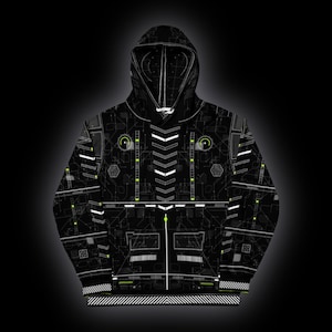 Puede incluir: Una sudadera con capucha negra que presenta un estampado integral de patrones de circuitos, líneas geométricas y esquemas técnicos en blanco y verde neón. El diseño incluye un motivo central de chevrón vertical y un bolsillo canguro.