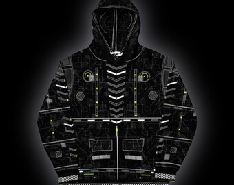 May include: A black hooded sweatshirt featuring an all-over print of white and neon green circuit board patterns, geometric lines, and technical schematics. The design includes a central vertical chevron motif and a front kangaroo pocket.