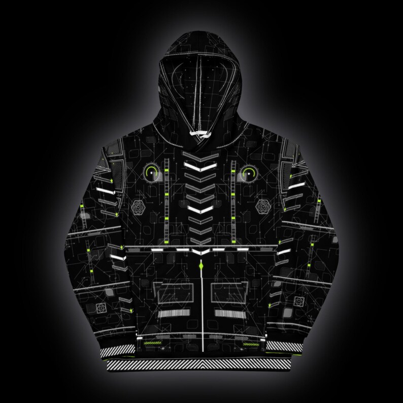 May include: A black hooded sweatshirt featuring an all-over print of white and neon green circuit board patterns, geometric lines, and technical schematics. The design includes a central vertical chevron motif and a front kangaroo pocket.